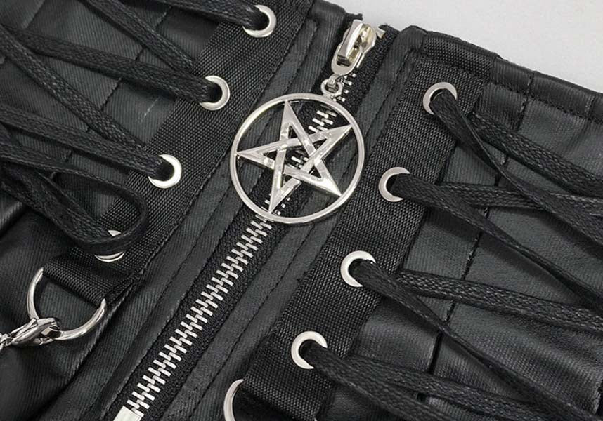 Gothic Style Faux Leather Chain-Embellished Pleated Skirt