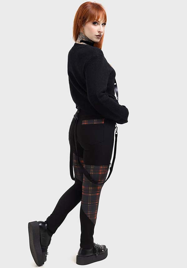 Amberic Orange Tartan Stretch Pants with Detachable Straps and Skull Zip Pullers