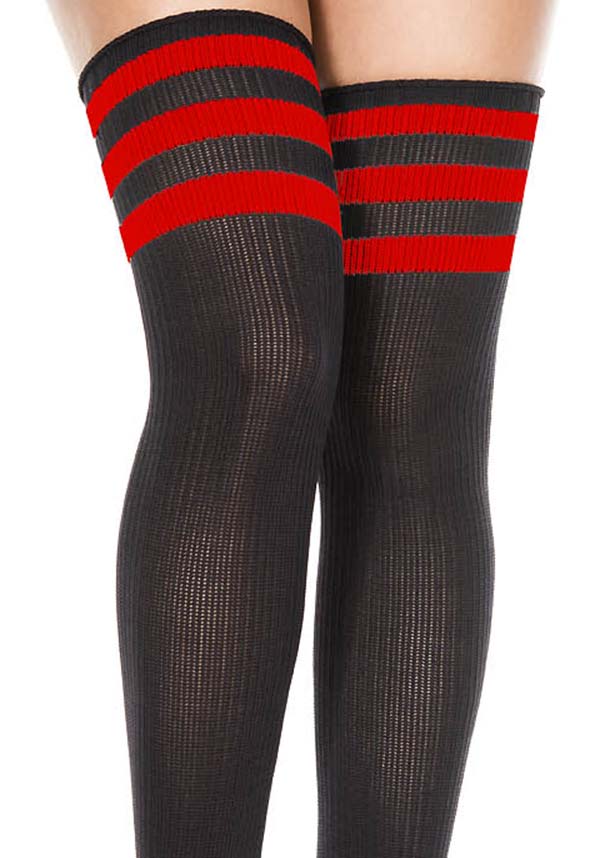 Athletic Style Black and Red Striped Thigh High Socks