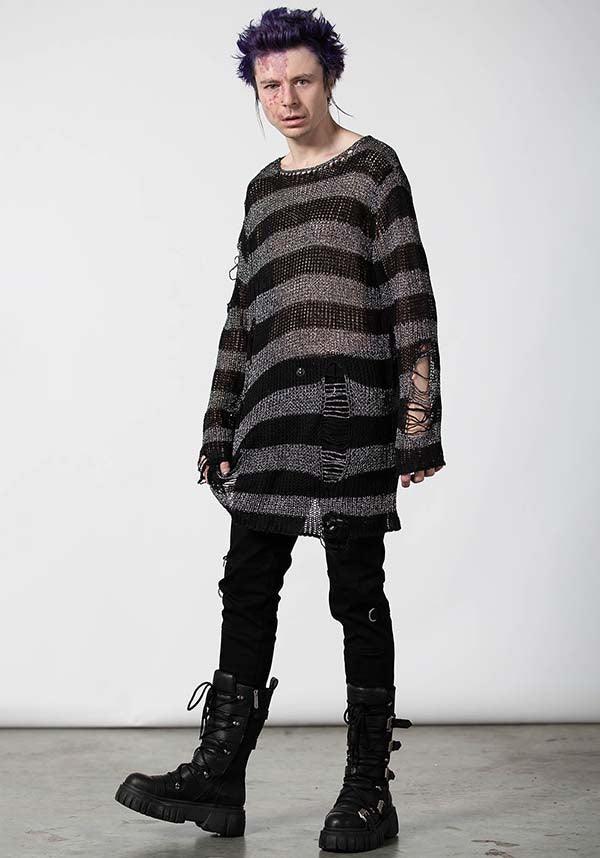 Abyss Glitter Knit Stripe Long Line Distressed Detailing Relaxed Fit Unisex Knit Sweater