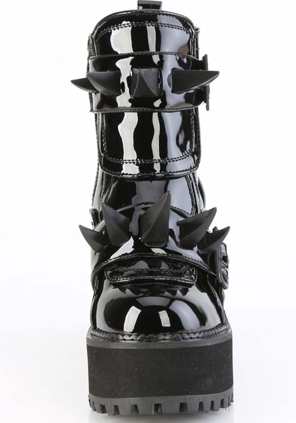 PRE-ORDER: Demonia ASSAULT-72 Platform Ankle Boots in Black Patent Leather