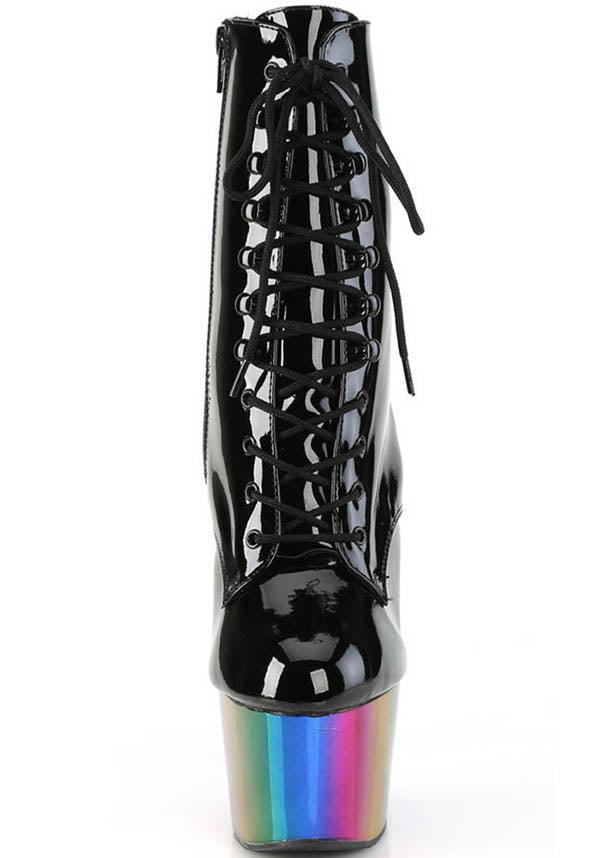 ADORE-1020RC Black Patent and Rainbow Chrome Platform Heel Lace - Up Front Ankle Boots [PRE - ORDER]