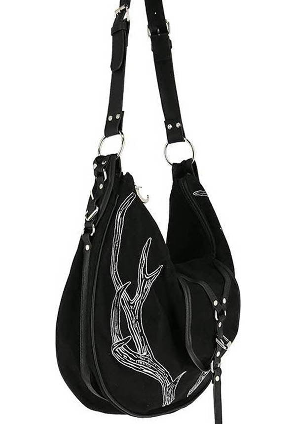 Black Deer Antler Embroidered Vegan Leather Hobo Style Handbag