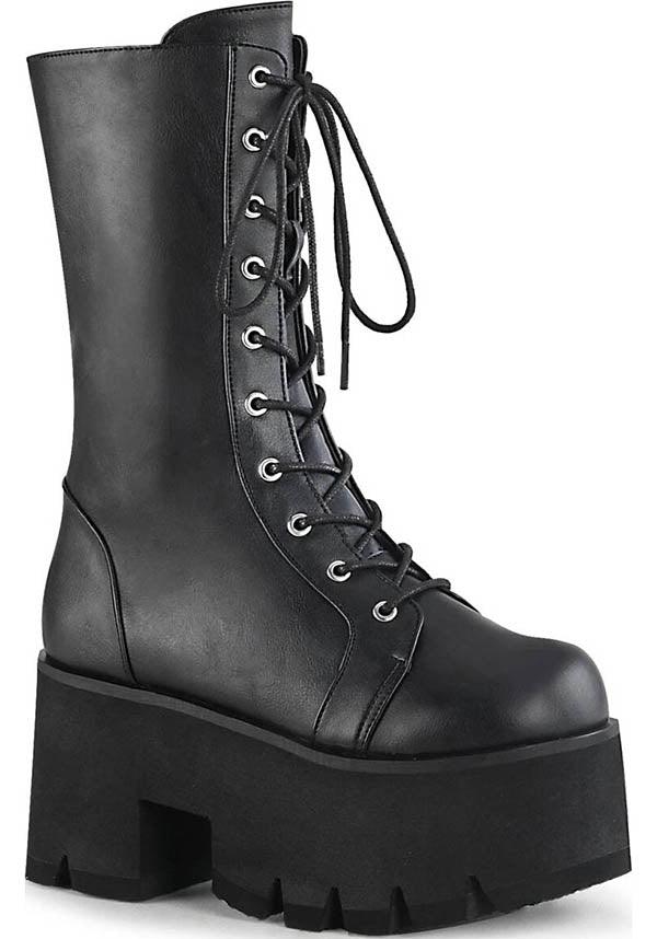 PREORDER - Demonia ASHES - 105 Matte Black Mid - Calf Lace - Up Platform Boots