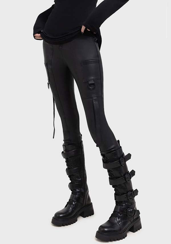 Atramentous PU Slim - Fit Pants with Strap Details and Pockets