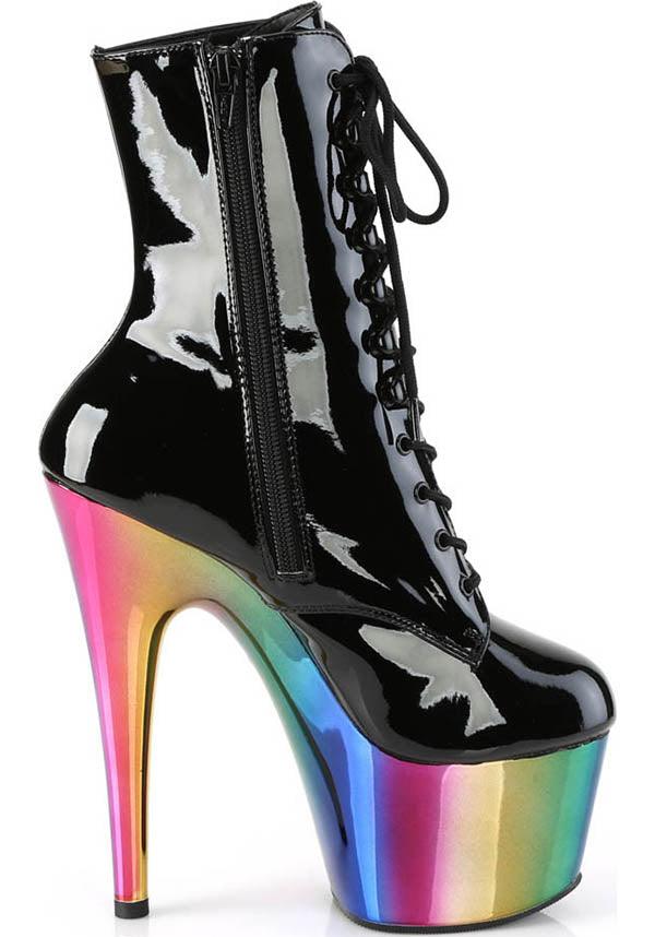 ADORE-1020RC Black Patent and Rainbow Chrome Platform Heel Lace - Up Front Ankle Boots [PRE - ORDER]