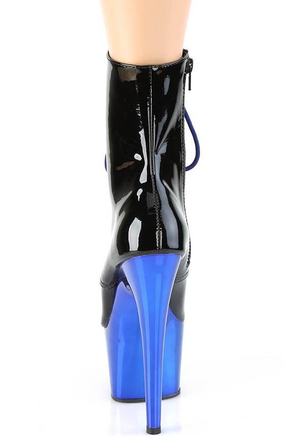 ADORE-1020 Platform Heel Pre - order: Black Patent Leather and Royal Blue Chrome Lace - Up Front Ankle Boots