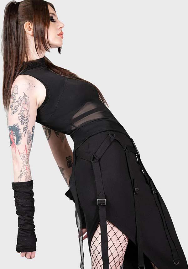 Acacia's Poison Women's Asymmetric MIDI Skirt with Statement Straps and Gun - Metal Hardware