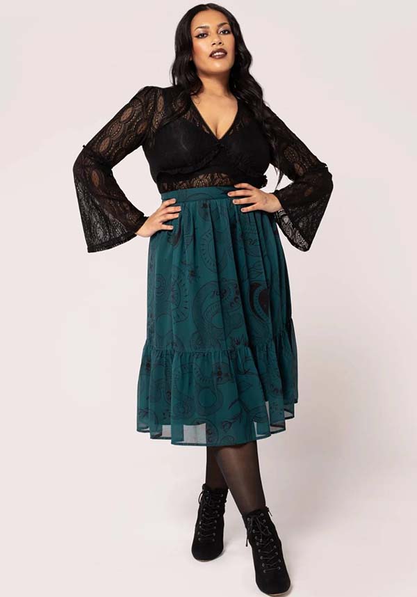 Hell Bunny Dark Green Venom Chiffon Midi Skirt with Snake & Star Prints
