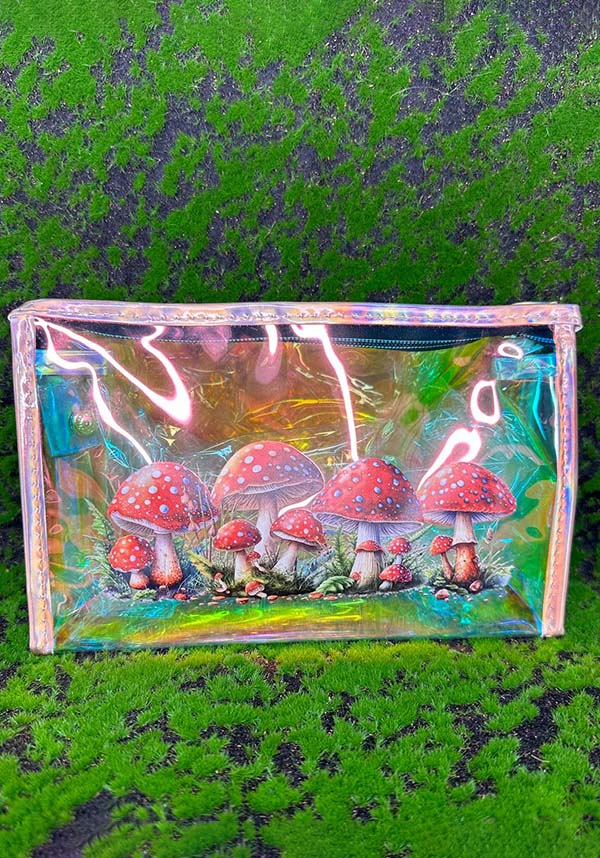 Enchanting Holographic Cosmetic Bag with Cute Red Cap Mushroom Print