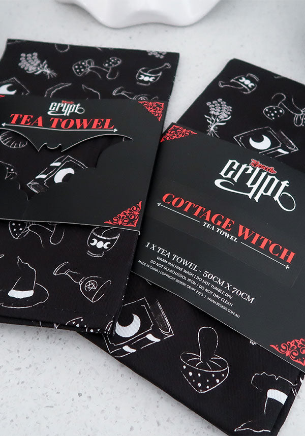 Enchanting Cottage Witch Design Tea Towel for Kitchen Use
