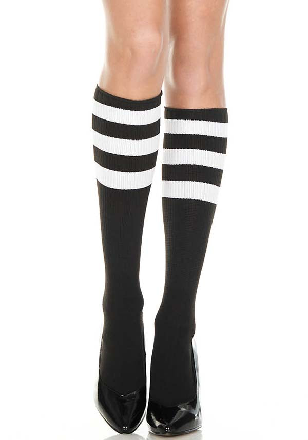 Black and White Triple Stripe Knee High Socks for Versatile Wear