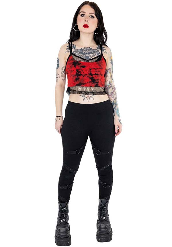 Poizen Industries' Danica Tie Dye Women's Top in Stylish Black and Red Color Scheme