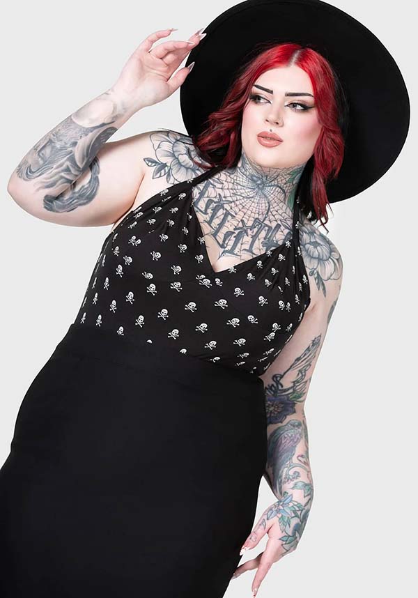Flipped Halter Top - Fashionable Women's Stretch Halter Neck Top with Skull Print