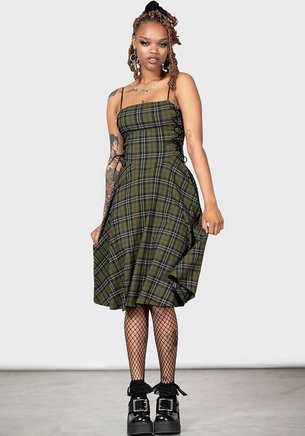 Elyswyth Tartan Midi Dress with Faux Leather Details