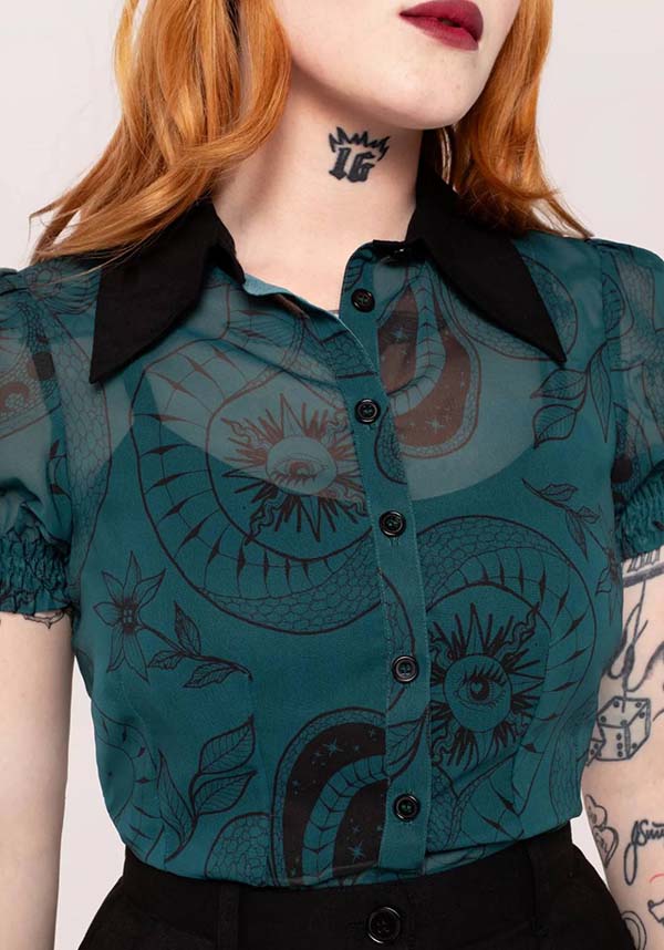 Hell Bunny Dark Green Venom Chiffon Top with Snake & Star Prints