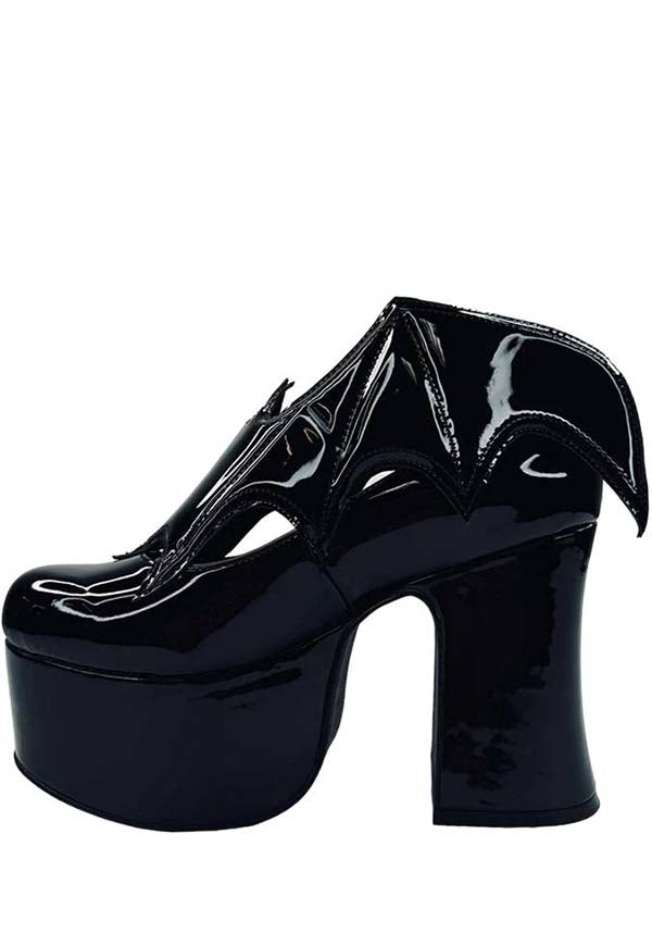 YRU Black Vegan Vampira Platform Heels with Bat Wing Detail
