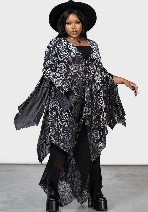 Stunning Flowering Fear Shawl with Stretch Mesh and Waterfall Sleeves