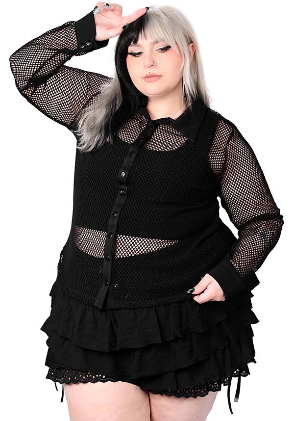 Black Fishnet Long Sleeve Button Up Shirt for Layering