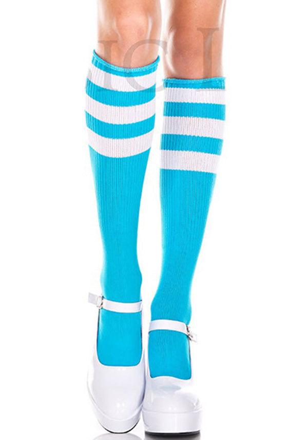 Music Legs Neon Blue and White Triple Stripe Fashionable Knee High Socks