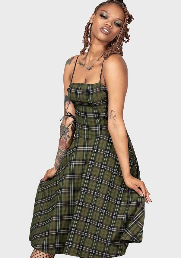 Elyswyth Tartan Midi Dress with Faux Leather Details