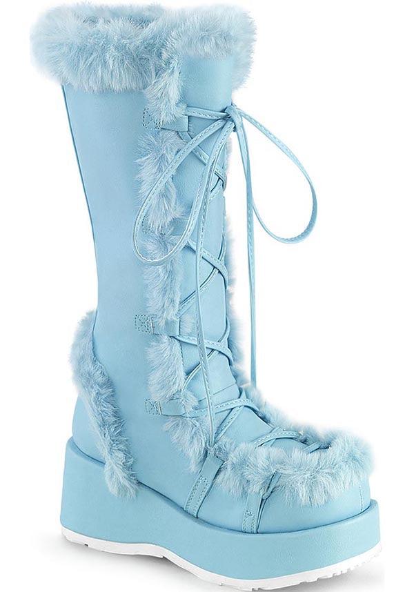 Demonia CUBBY - 311 Mid - Calf Platform Boots in Blue Vegan Patent Leather [Pre - Order]