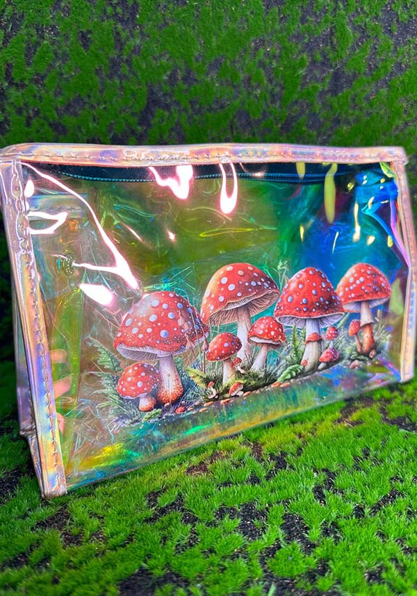 Enchanting Holographic Cosmetic Bag with Cute Red Cap Mushroom Print