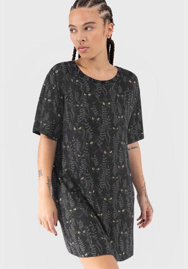 Familiar Woods Themed Cat Print Short Sleeve Mini T-Shirt Dress
