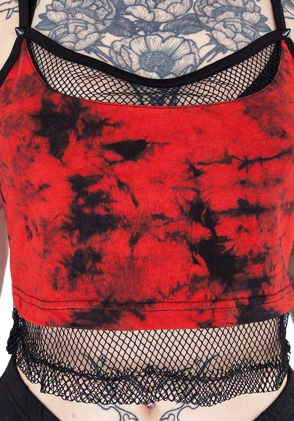 Poizen Industries' Danica Tie Dye Women's Top in Stylish Black and Red Color Scheme