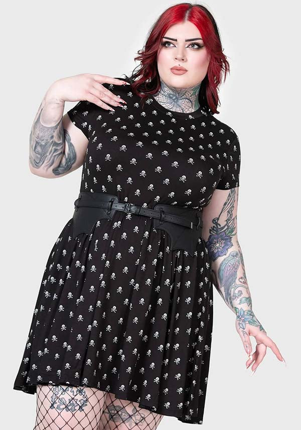 MINI FAKE OUT DRESS WITH SKULL PRINT AND ELASTICATED WAIST