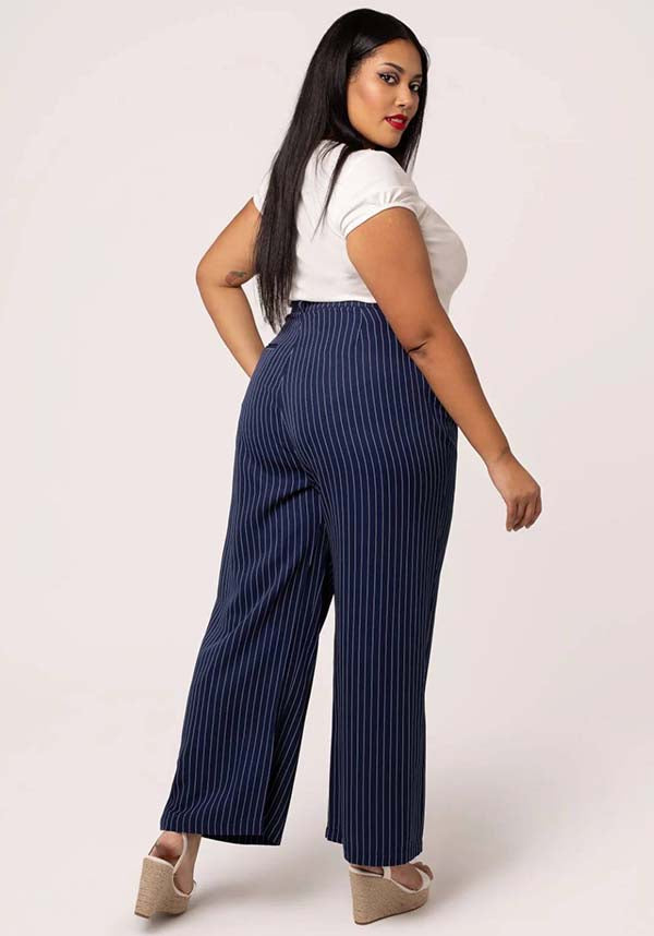 Hell Bunny Costello Navy Wide-Leg Retro Pinstripe Pants