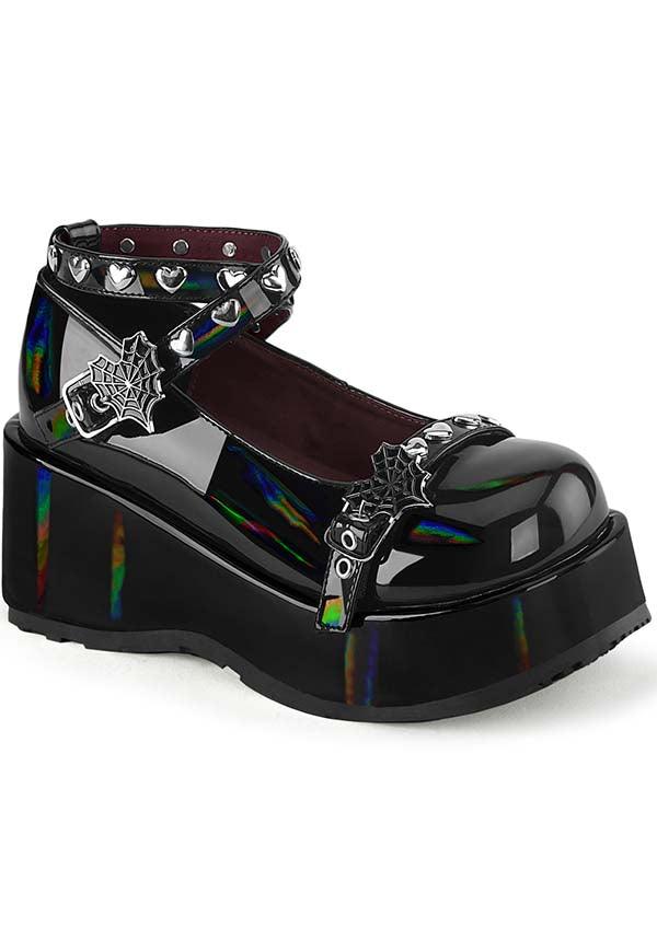 Demonia CUBBY-25 Flats in Black Holo Patent - Preorder