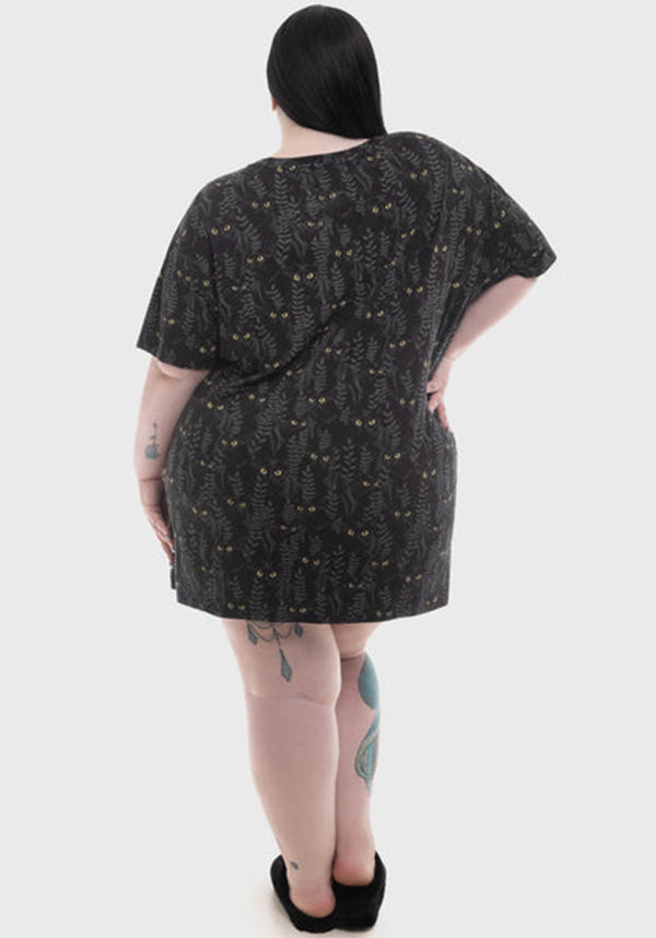 Familiar Woods Themed Cat Print Short Sleeve Mini T-Shirt Dress