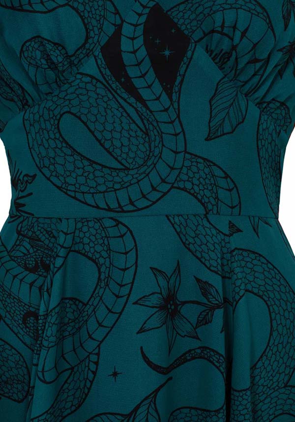 Hell Bunny Dark Green Venom MIDI Dress with Snake and Star Print