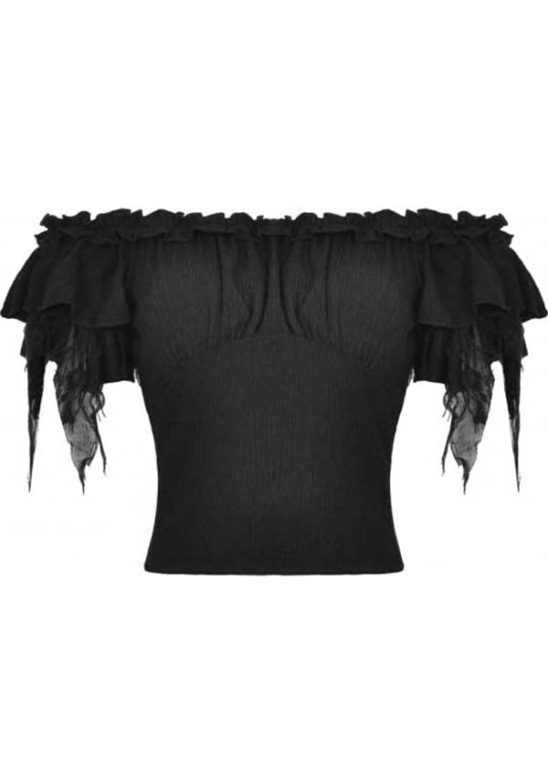 Dark in Love's Elegant Ruched Off-the-Shoulder Fatal Distressed Top