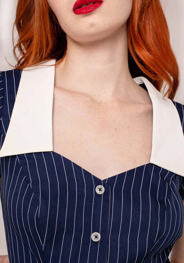 Hell Bunny Costello Retro Navy and White Pinstriped Top for a Timeless Look
