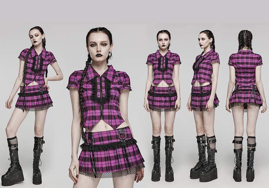 Magenta and Black Uriah Tartan Shirt with Delicate Lace Detailing