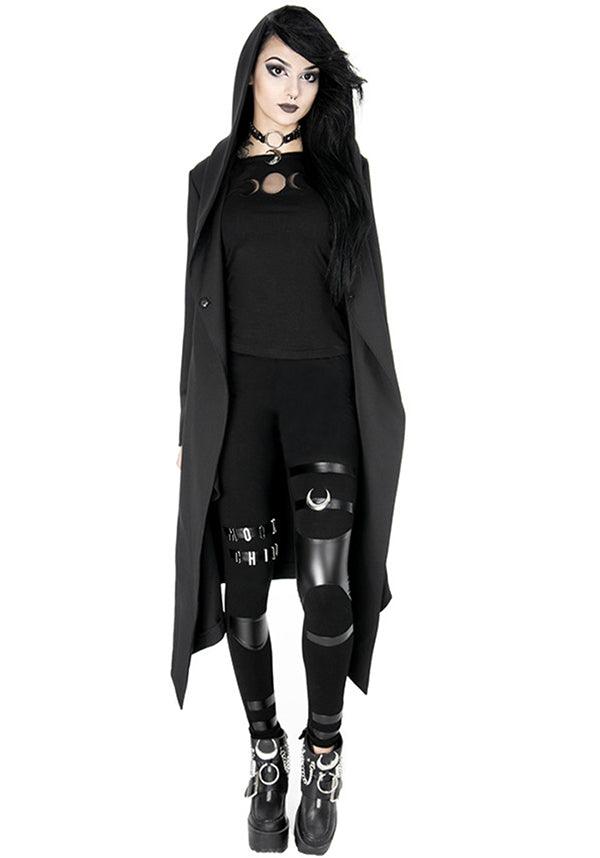 Triple Goddess Black Gothic Top with Moon Phase Mesh Cut-Outs