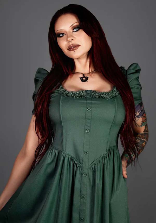 Lively Ghosts' Enchanting Sage Green Claude Monet Gothic Dress