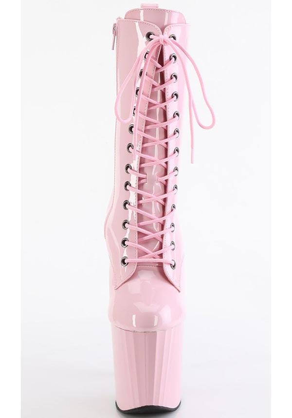 PREORDER: ENCHANT-1040 Baby Pink Platform Heel Lace-Up Mid Calf Boots
