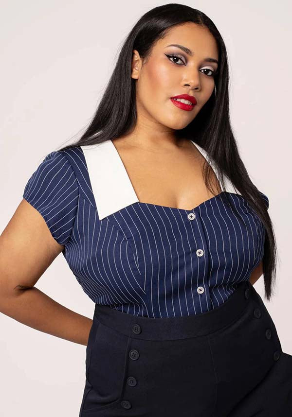 Hell Bunny Costello Retro Navy and White Pinstriped Top for a Timeless Look