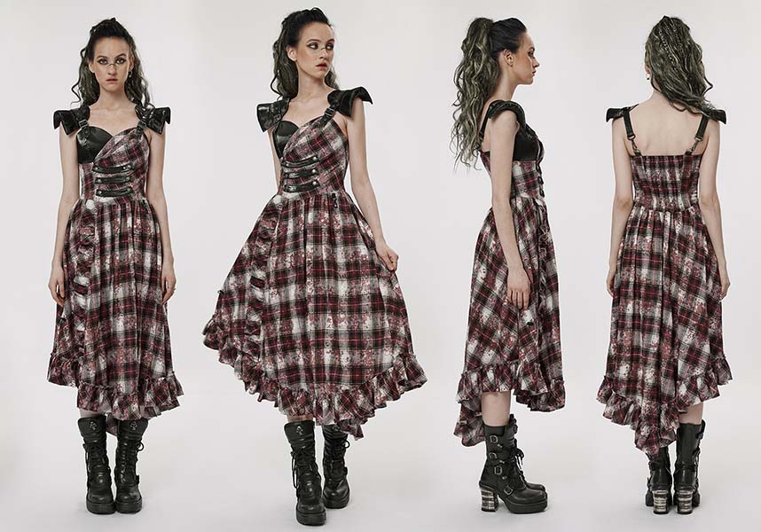 Punk Rave's Striking Danika Red Tartan MIDI Women's Dress for Edgy Fashion Lovers