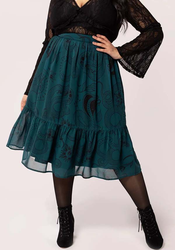 Hell Bunny Dark Green Venom Chiffon Midi Skirt with Snake & Star Prints