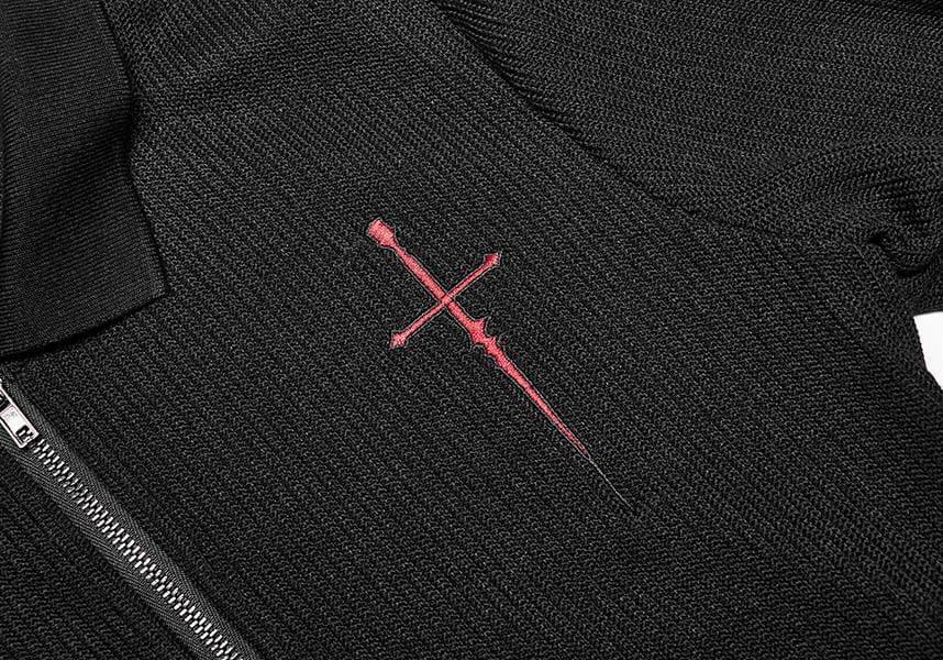 Elastic Knit Long-Sleeve Top with Dagger Embroidery