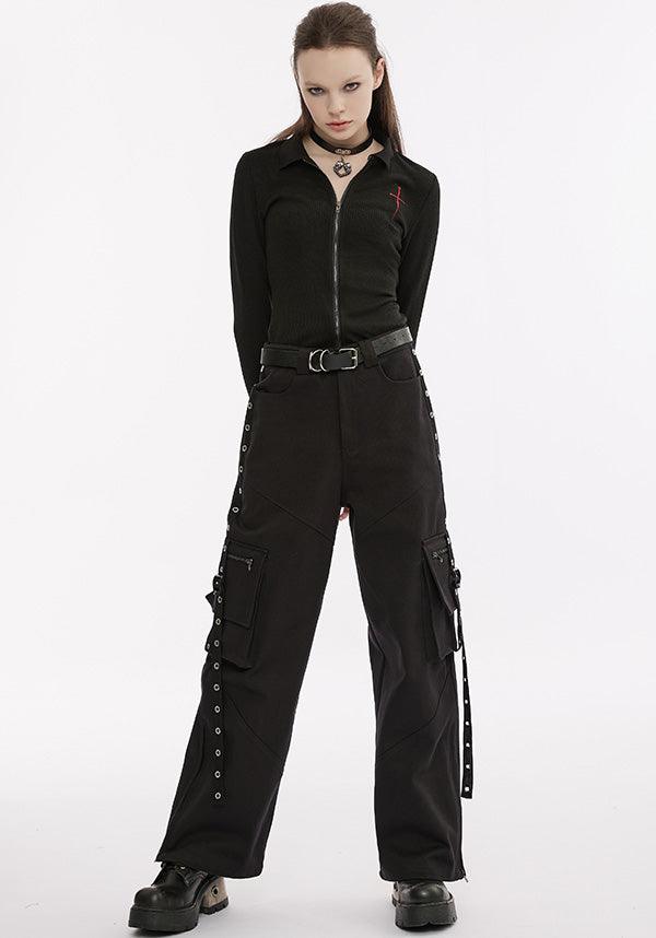 Elastic Knit Long-Sleeve Top with Dagger Embroidery
