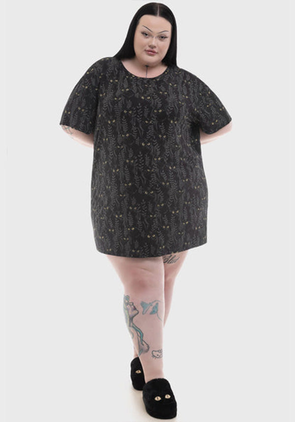 Familiar Woods Themed Cat Print Short Sleeve Mini T-Shirt Dress