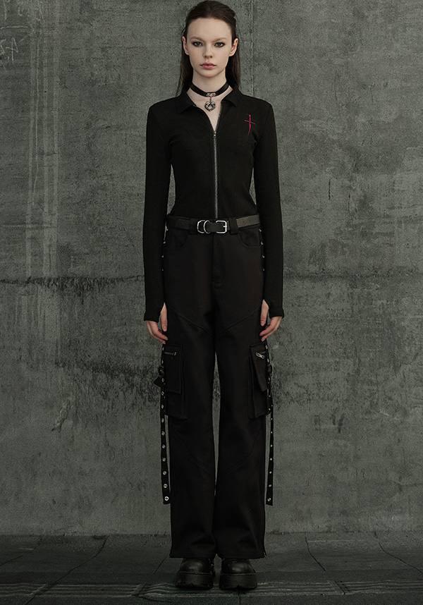 Elastic Knit Long-Sleeve Top with Dagger Embroidery
