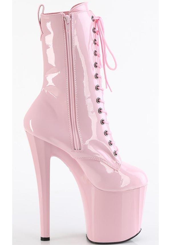 PREORDER: ENCHANT-1040 Baby Pink Platform Heel Lace-Up Mid Calf Boots