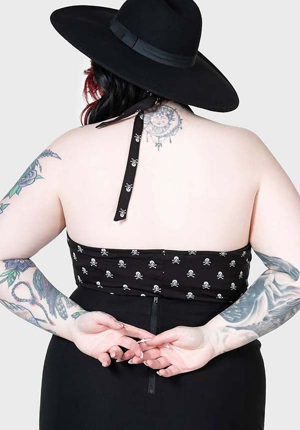 Flipped Halter Top - Fashionable Women's Stretch Halter Neck Top with Skull Print