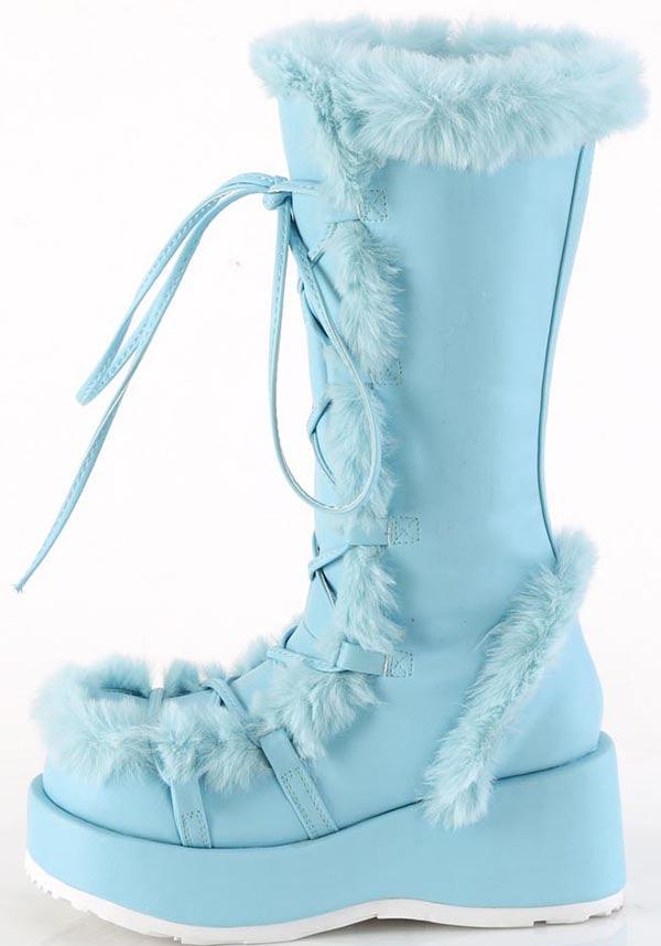 Demonia CUBBY - 311 Mid - Calf Platform Boots in Blue Vegan Patent Leather [Pre - Order]